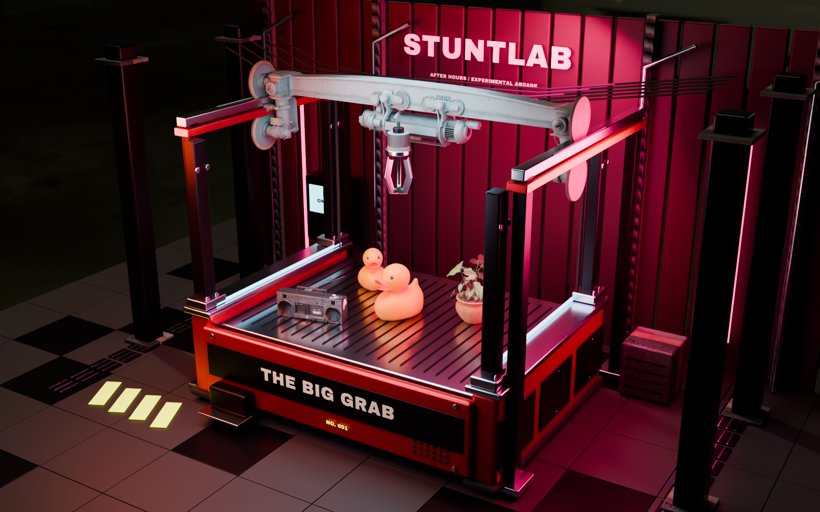 A detailed neon-lit industrial crane with scanned rubber ducks, vintage radio and plant